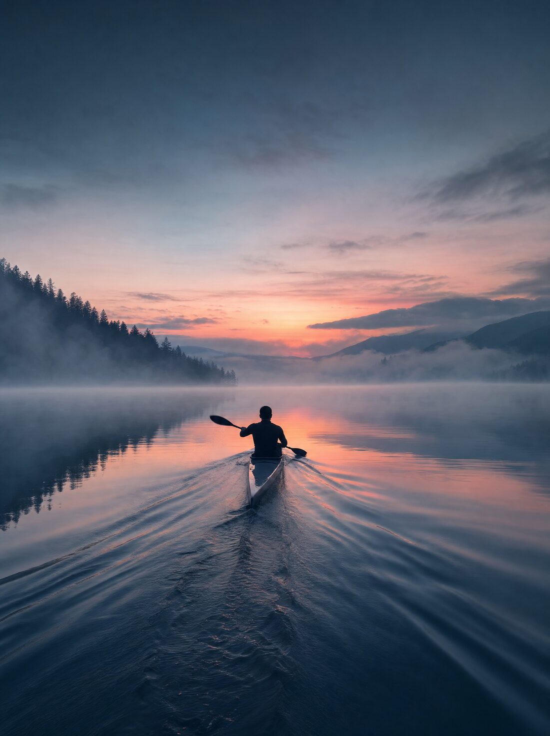 Kayak on a calm lake in the morning light