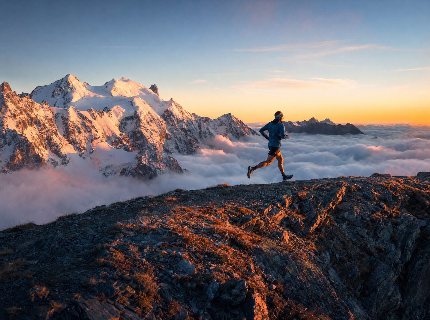 Läufer auf einem Bergkamm bei Sonnenaufgang